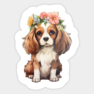 Watercolor Cavalier King Charles Spaniel Dog with Head Wreath Sticker